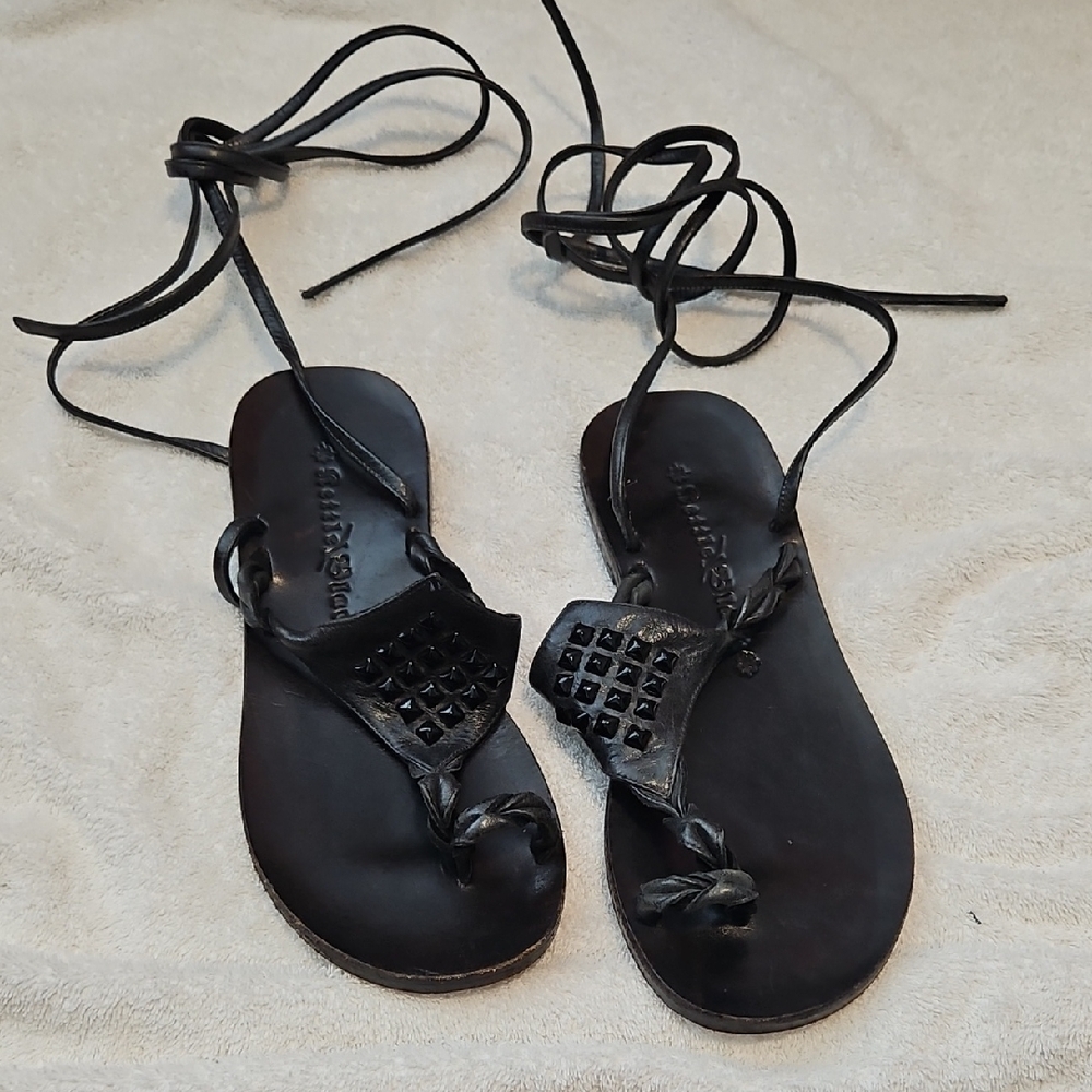 Kettle Black Black Leather Lace-Up Women's Sandals